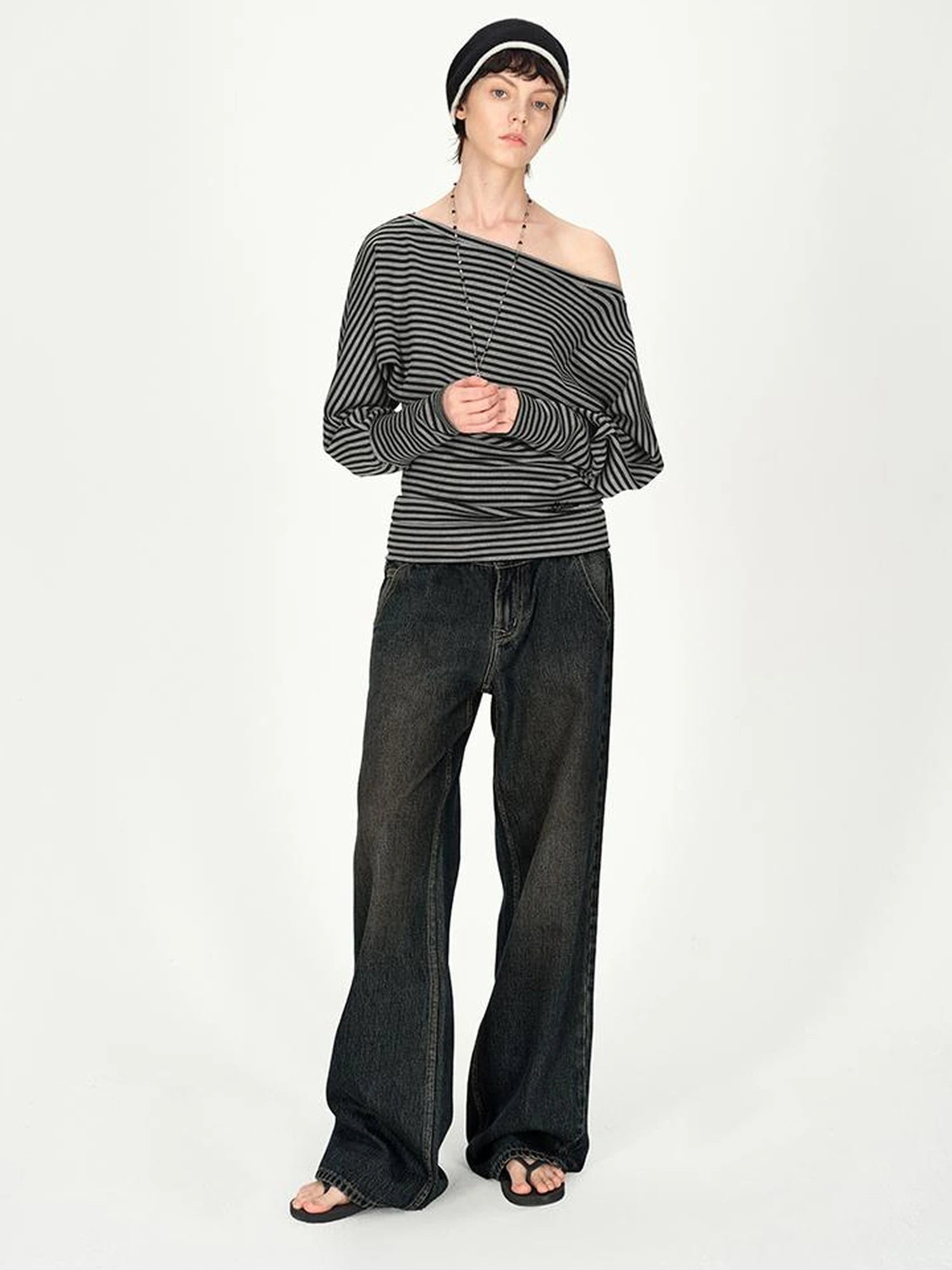 Asymmetric Shoulder Striped Top With Pleated Detail