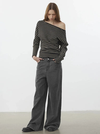 Asymmetric Shoulder Textured Crop Top T-shirt