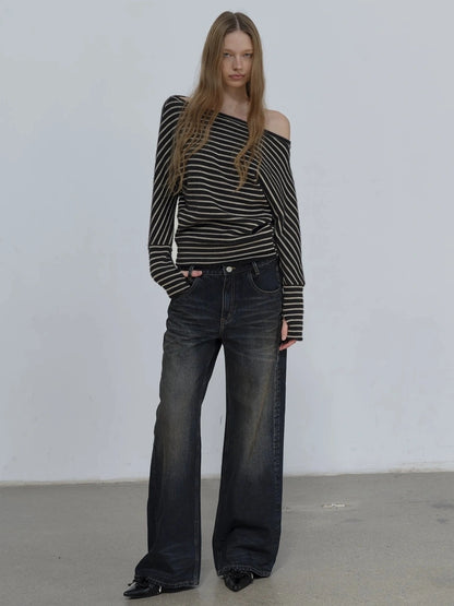 Asymmetric Shoulder Textured Crop Top T-shirt