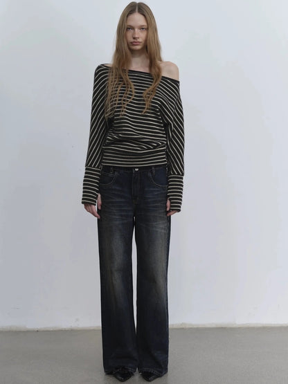 Asymmetric Shoulder Textured Crop Top T-shirt