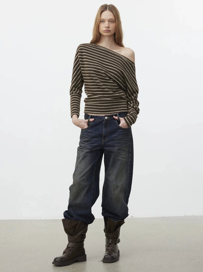 Asymmetric Shoulder Textured Crop Top T-shirt