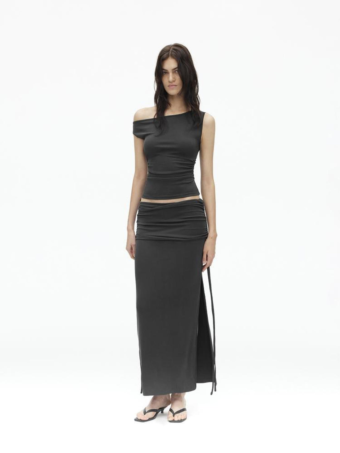 AFTADAWN Asymmetric Shoulder Top With Waist Gathers And Slit Midi Skirt