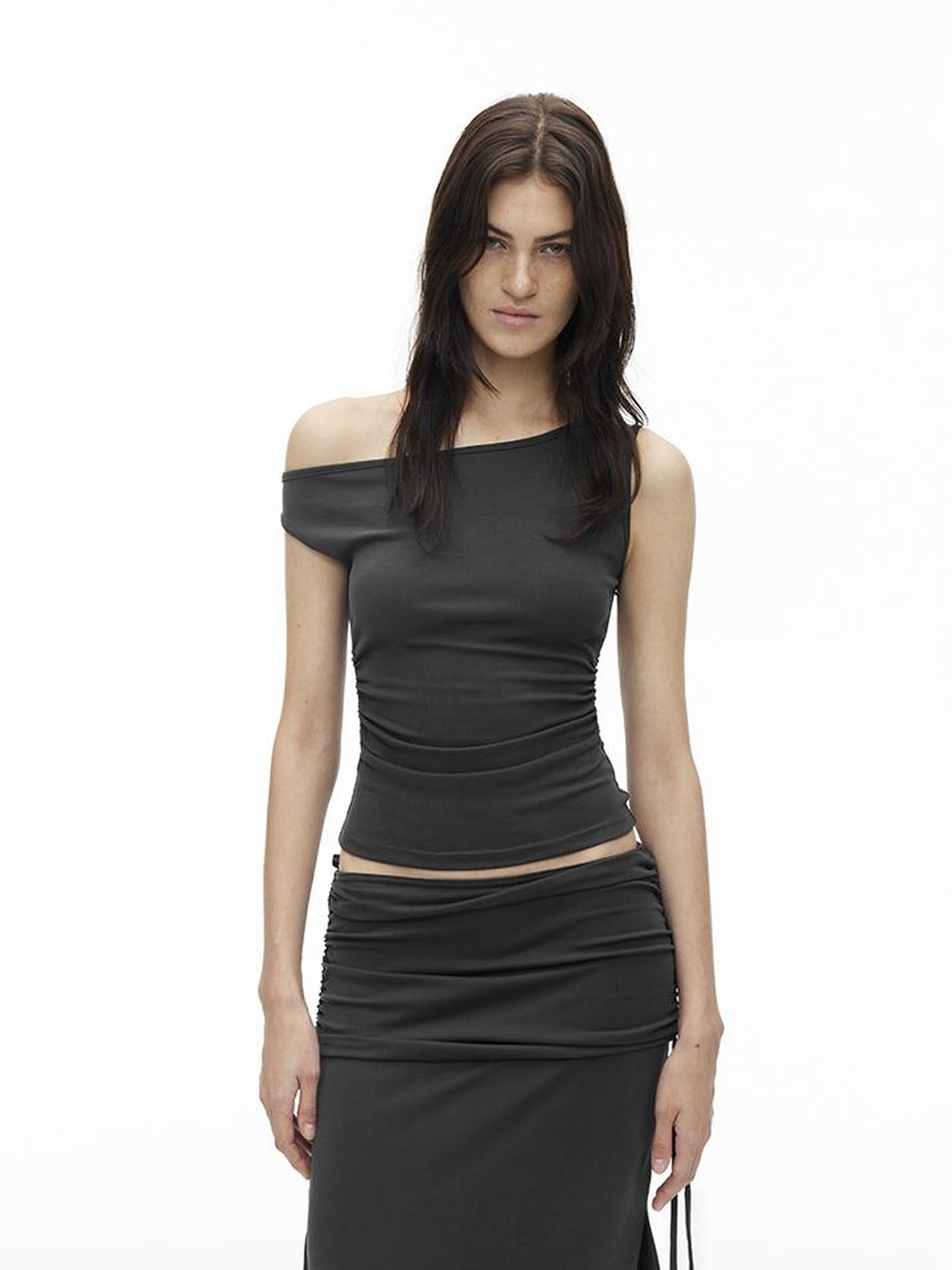 AFTADAWN Asymmetric Shoulder Top With Waist Gathers And Slit Midi Skirt