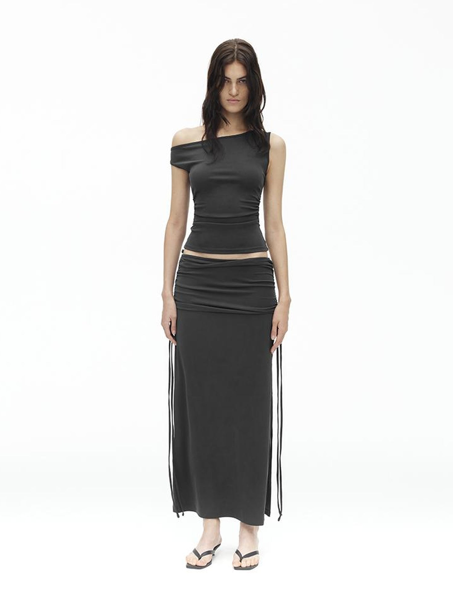 AFTADAWN Asymmetric Shoulder Top With Waist Gathers And Slit Midi Skirt