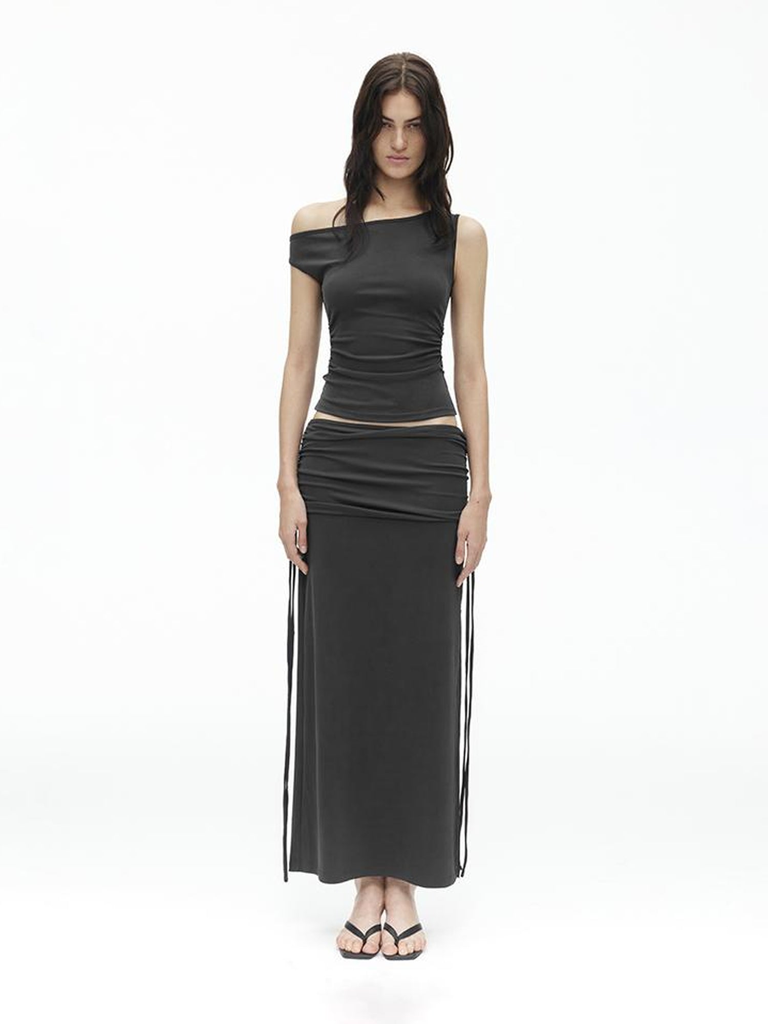 AFTADAWN Asymmetric Shoulder Top With Waist Gathers And Slit Midi Skirt