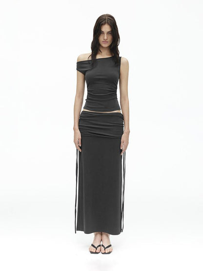 AFTADAWN Asymmetric Shoulder Top With Waist Gathers And Slit Midi Skirt