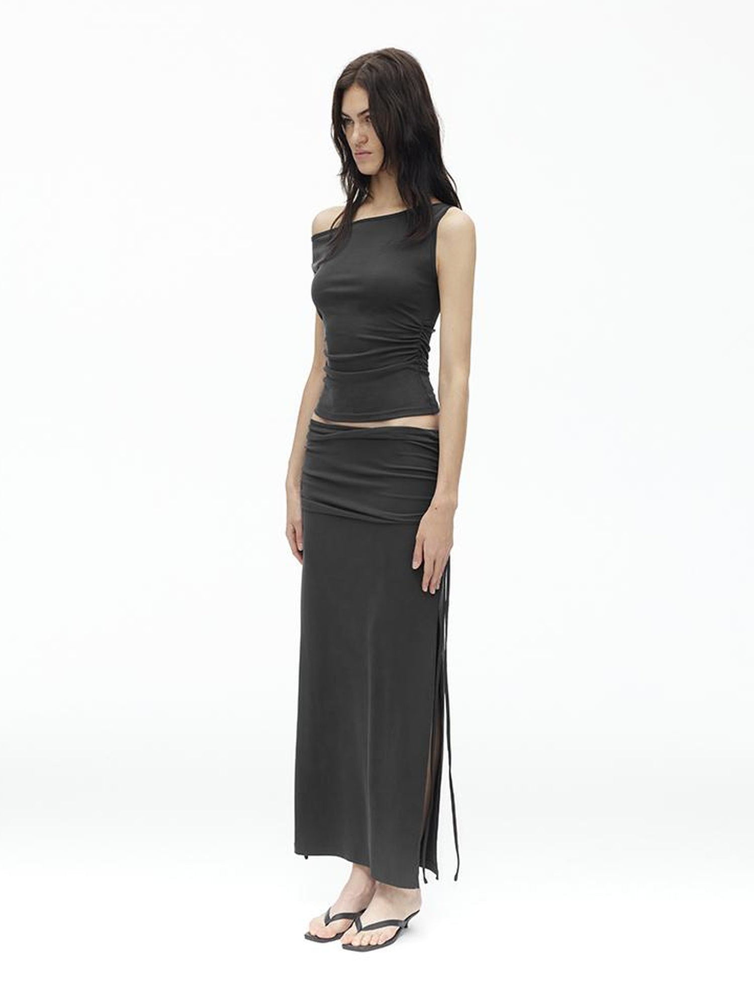 AFTADAWN Asymmetric Shoulder Top With Waist Gathers And Slit Midi Skirt