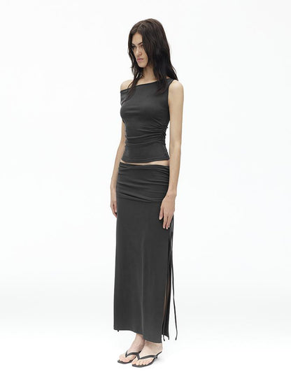 AFTADAWN Asymmetric Shoulder Top With Waist Gathers And Slit Midi Skirt