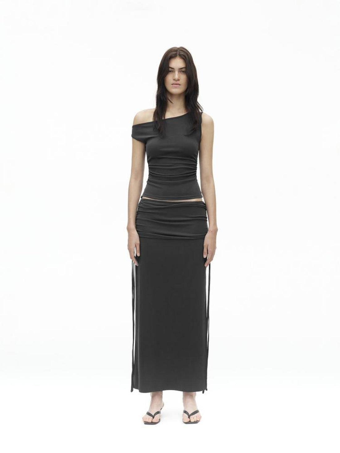 AFTADAWN Asymmetric Shoulder Top With Waist Gathers And Slit Midi Skirt