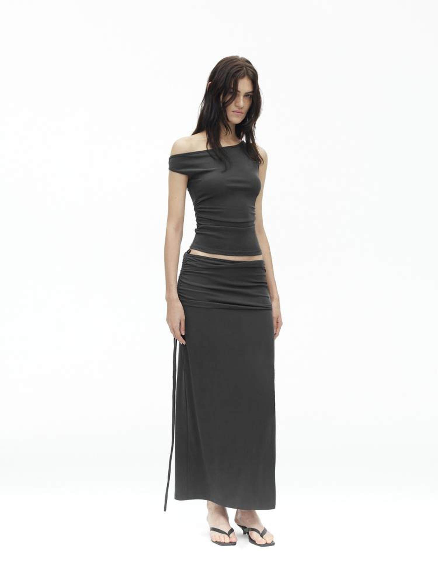 AFTADAWN Asymmetric Shoulder Top With Waist Gathers And Slit Midi Skirt