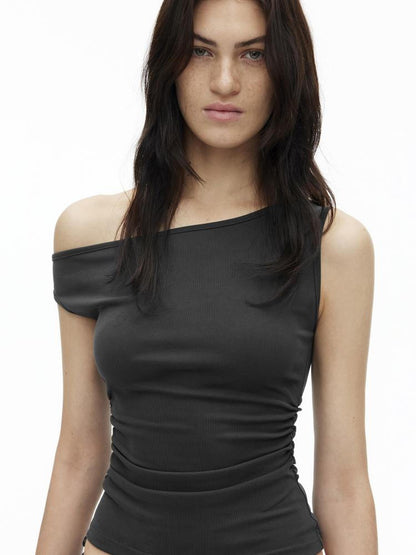 AFTADAWN Asymmetric Shoulder Top With Waist Gathers And Slit Midi Skirt