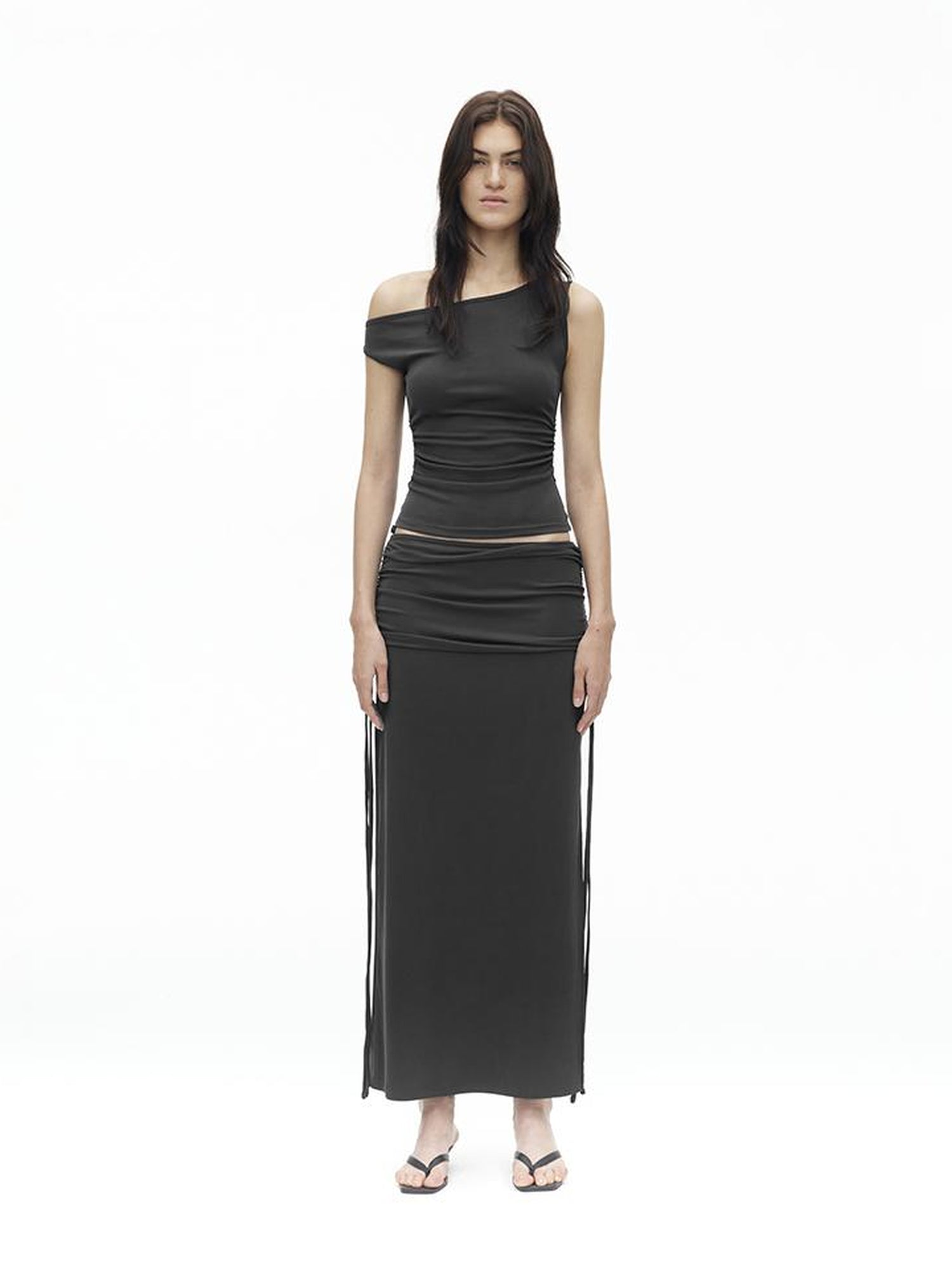 AFTADAWN Asymmetric Shoulder Top With Waist Gathers And Slit Midi Skirt