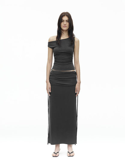AFTADAWN Asymmetric Shoulder Top With Waist Gathers And Slit Midi Skirt