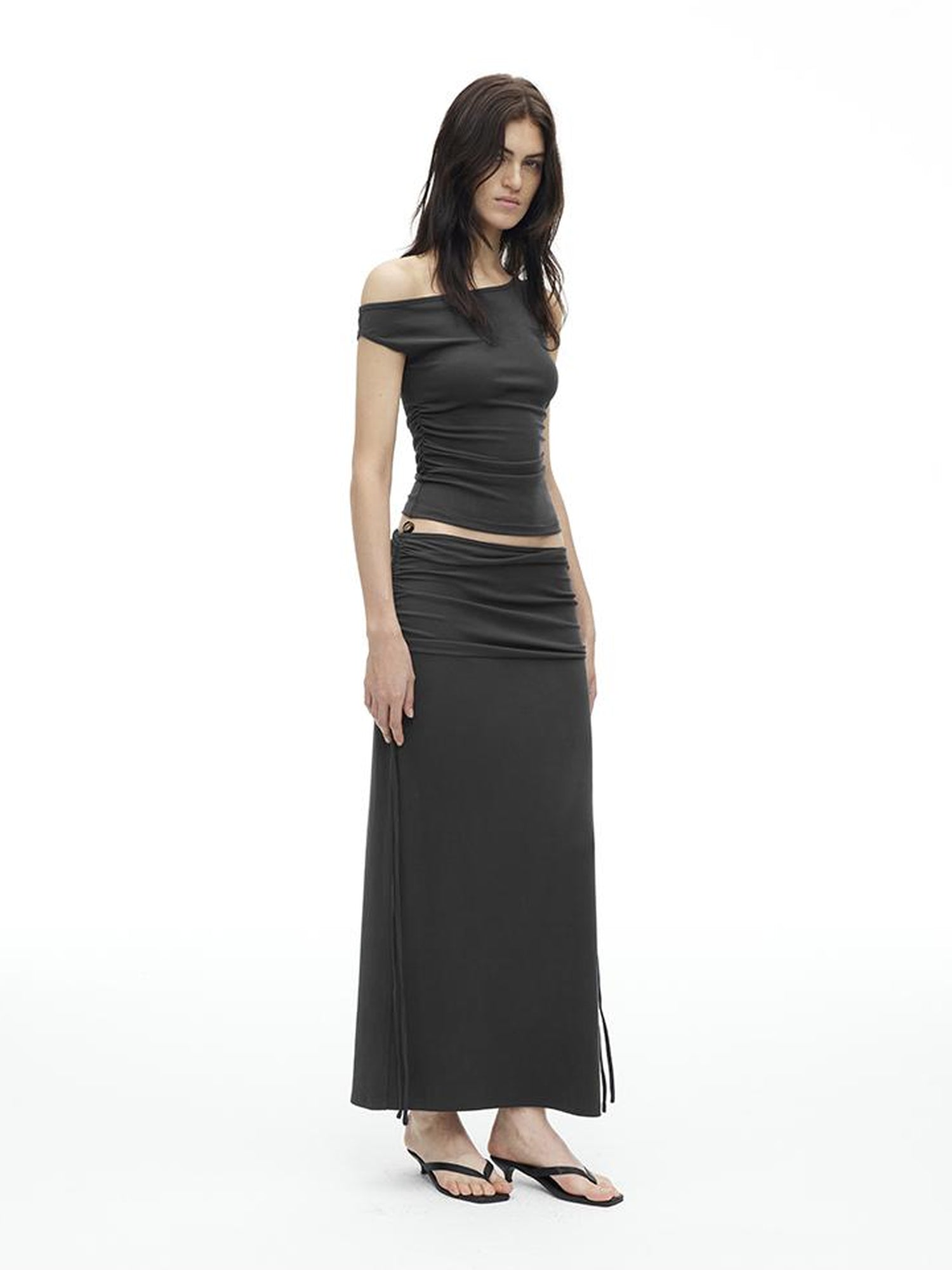 AFTADAWN Asymmetric Shoulder Top With Waist Gathers And Slit Midi Skirt
