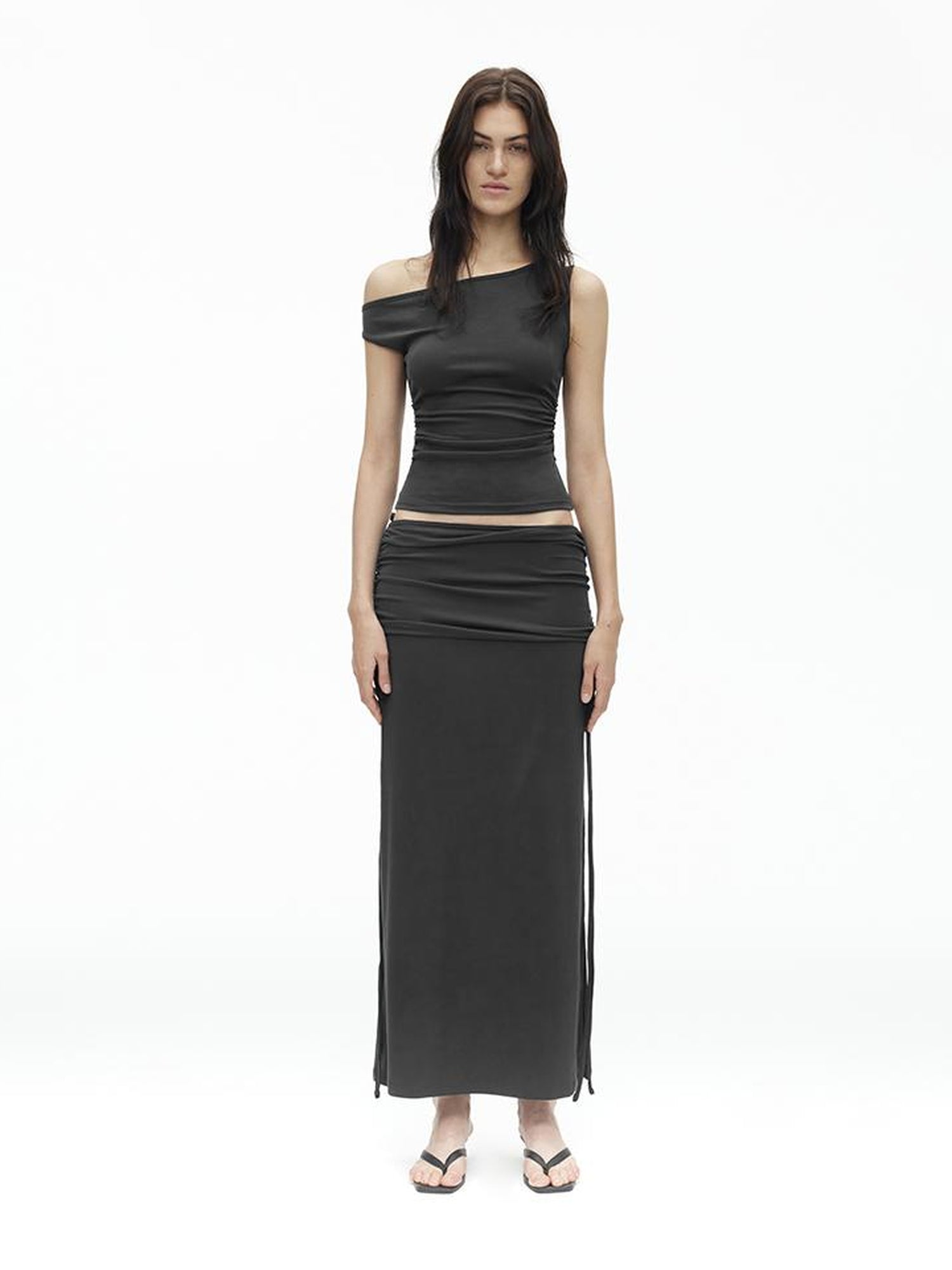 AFTADAWN Asymmetric Shoulder Top With Waist Gathers And Slit Midi Skirt