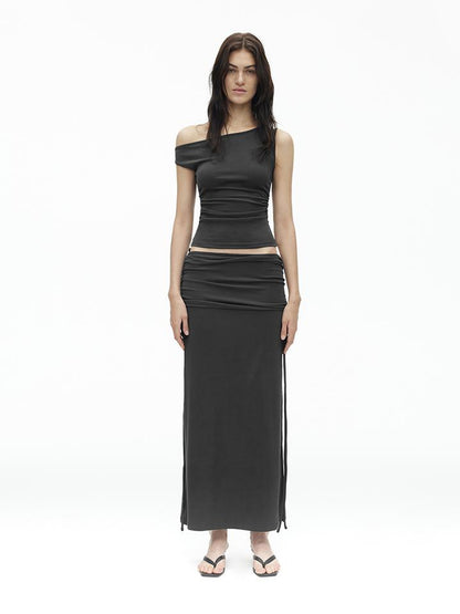 AFTADAWN Asymmetric Shoulder Top With Waist Gathers And Slit Midi Skirt