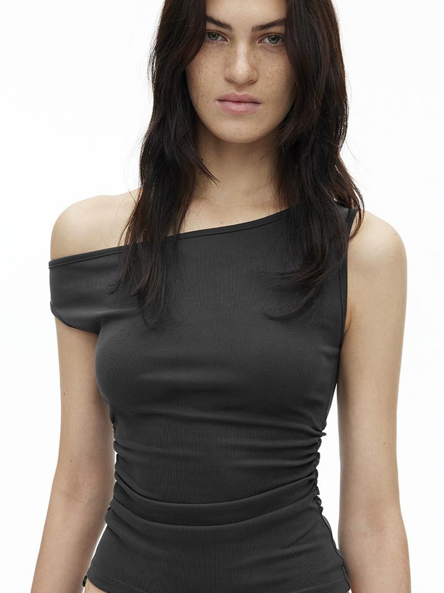 AFTADAWN Asymmetric Shoulder Top With Waist Gathers And Slit Midi Skirt
