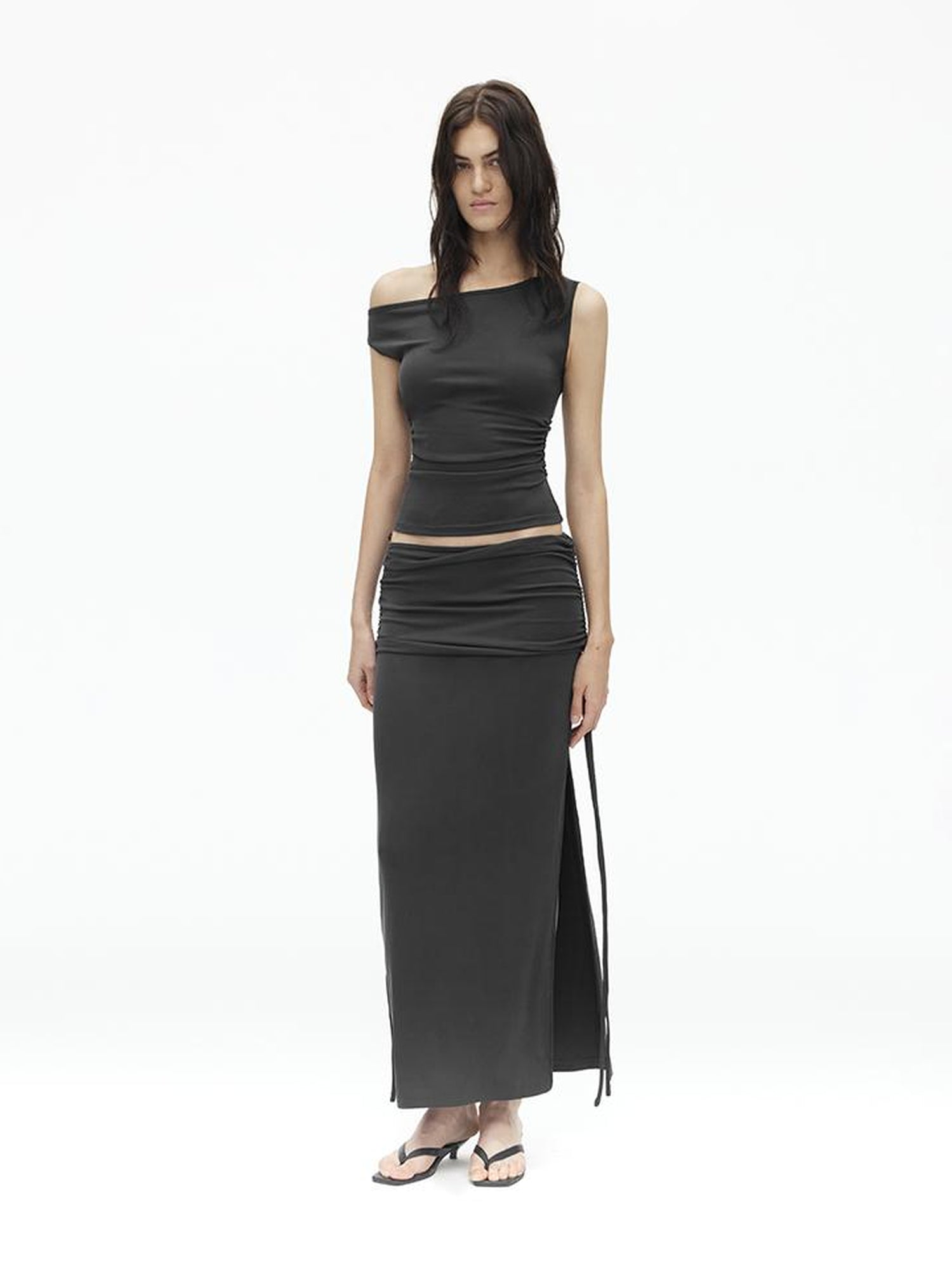 AFTADAWN Asymmetric Shoulder Top With Waist Gathers And Slit Midi Skirt
