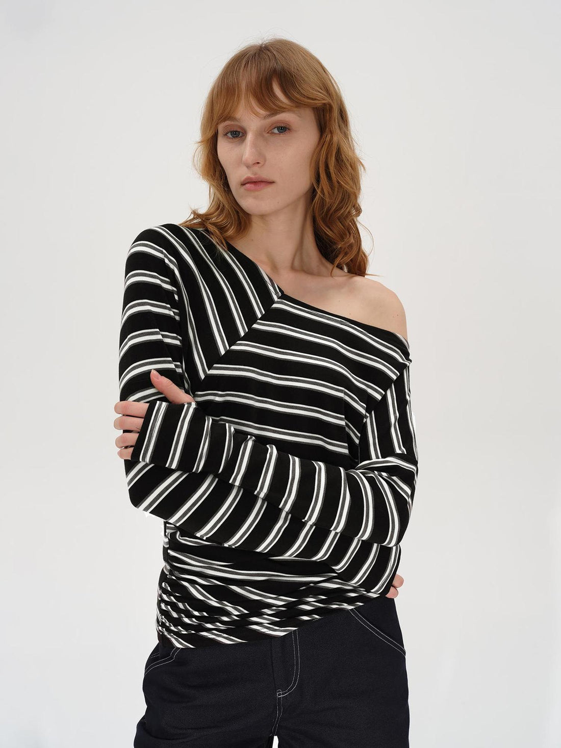 AFTADAWN Asymmetric Slash Neck Stripe Long Sleeve T-shirt
