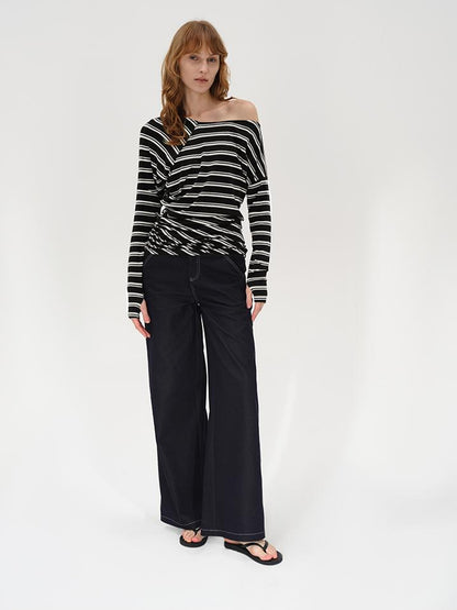 AFTADAWN Asymmetric Slash Neck Stripe Long Sleeve T-shirt