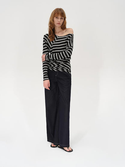 AFTADAWN Asymmetric Slash Neck Stripe Long Sleeve T-shirt