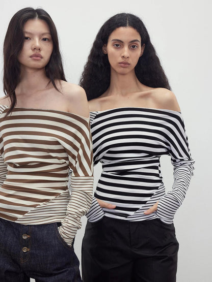 Asymmetric Stripe Contrast Slash Neck Fitted Top