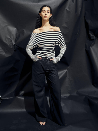 AFTADAWN Asymmetric Stripe Contrast Slash Neck Fitted Top