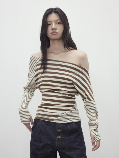 Asymmetric Stripe Contrast Slash Neck Fitted Top