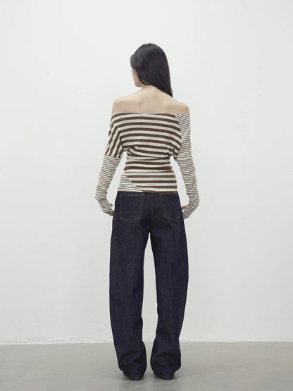 Asymmetric Stripe Contrast Slash Neck Fitted Top