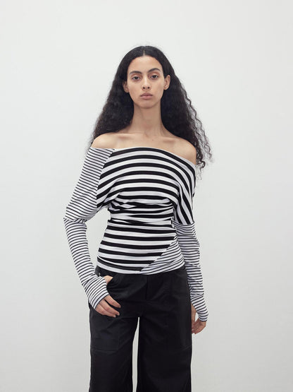 AFTADAWN Asymmetric Stripe Contrast Slash Neck Fitted Top