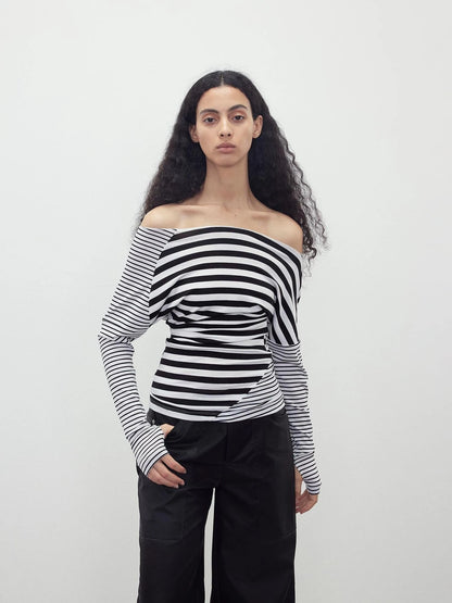 Asymmetric Stripe Contrast Slash Neck Fitted Top