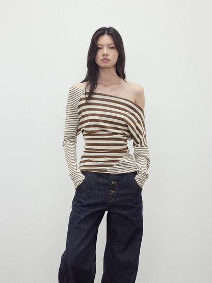 Asymmetric Stripe Contrast Slash Neck Fitted Top