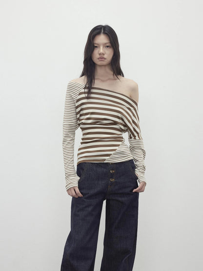 Asymmetric Stripe Contrast Slash Neck Fitted Top