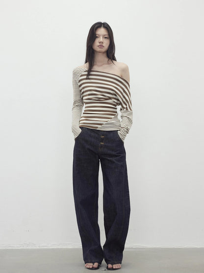 Asymmetric Stripe Contrast Slash Neck Fitted Top