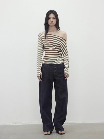 Asymmetric Stripe Contrast Slash Neck Fitted Top