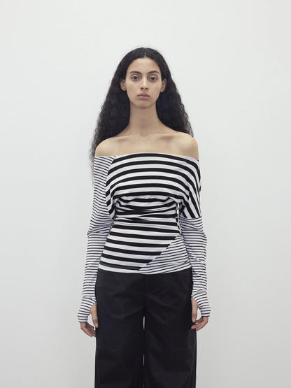 Asymmetric Stripe Contrast Slash Neck Fitted Top