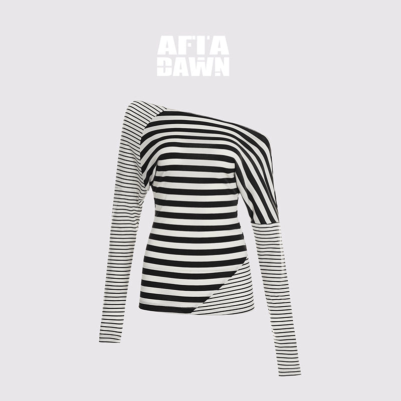 AFTADAWN_Asymmetric_Stripe_Contrast_Slash_Neck_Fitted_Top_MISSTT