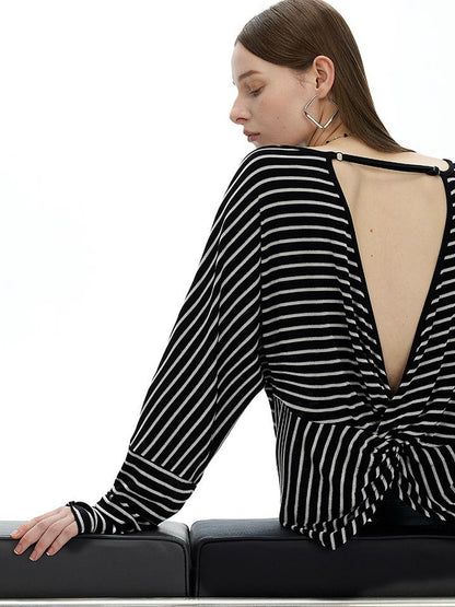 AFTADAWN Asymmetric Striped Slub Chiffon Backless Top