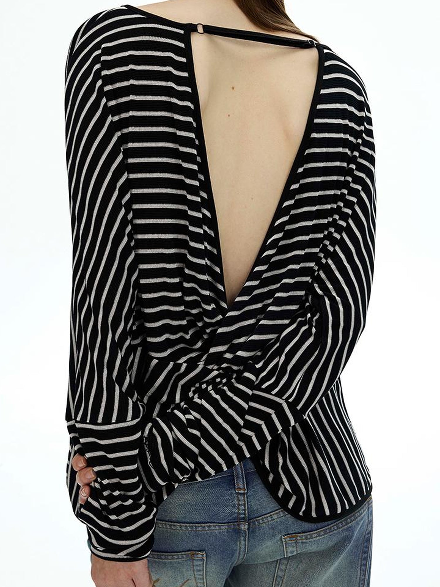 AFTADAWN Asymmetric Striped Slub Chiffon Backless Top
