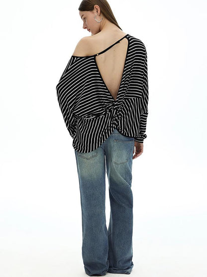 AFTADAWN Asymmetric Striped Slub Chiffon Backless Top