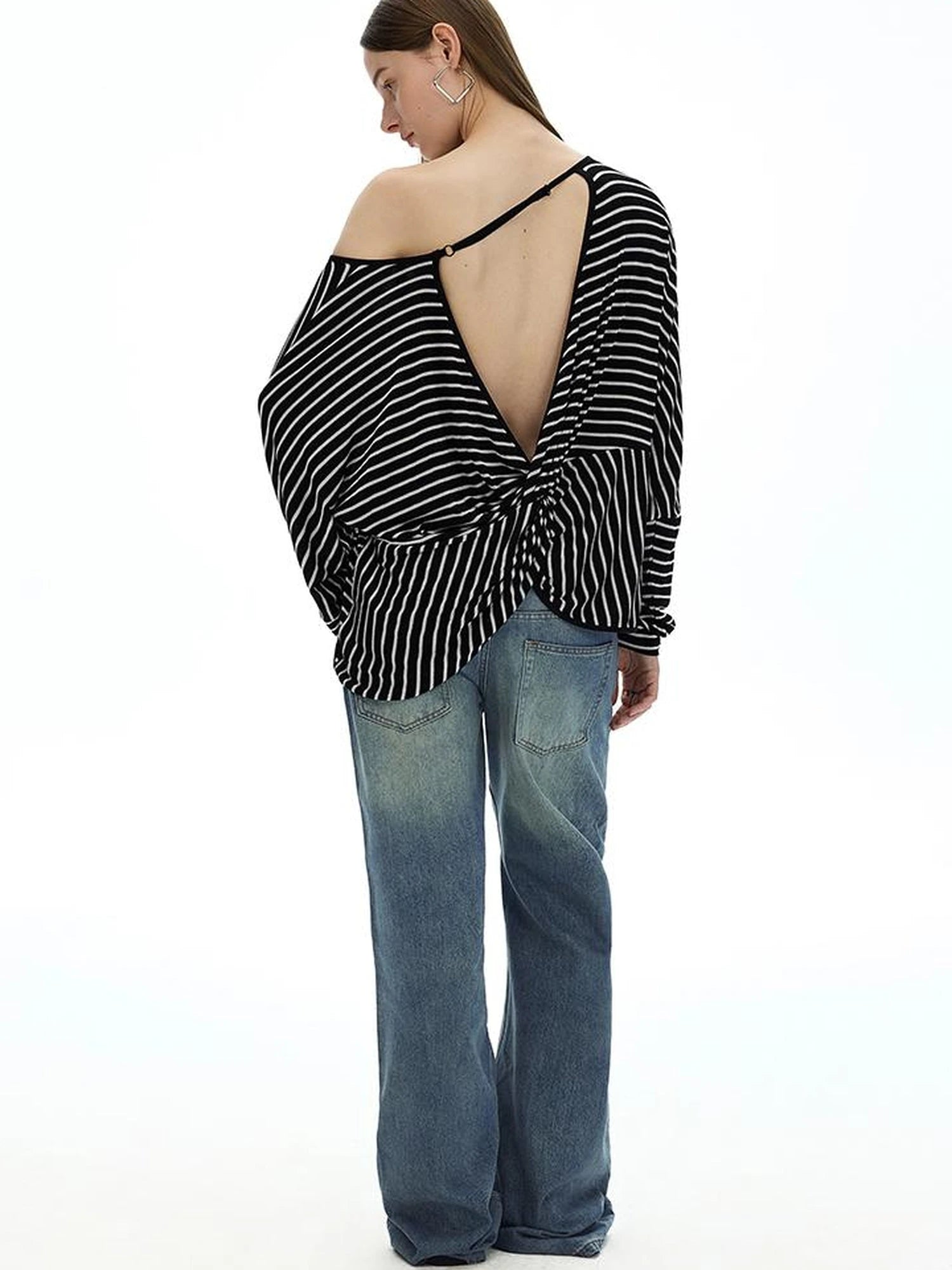 Asymmetric Striped Slub Chiffon Backless Top
