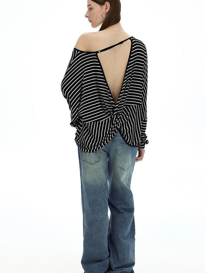 AFTADAWN Asymmetric Striped Slub Chiffon Backless Top