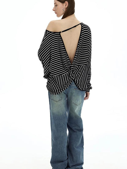 Asymmetric Striped Slub Chiffon Backless Top