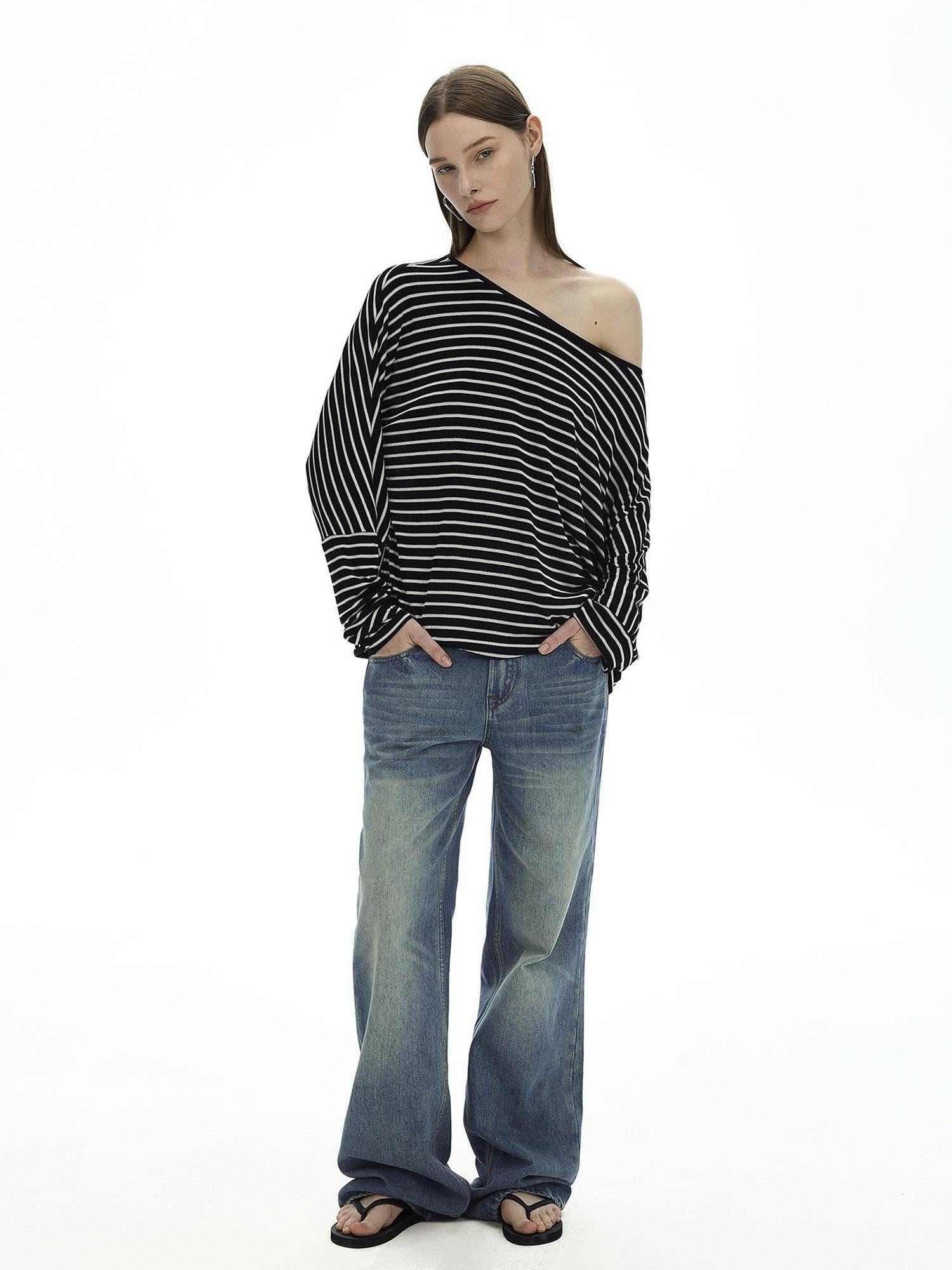 AFTADAWN Asymmetric Striped Slub Chiffon Backless Top