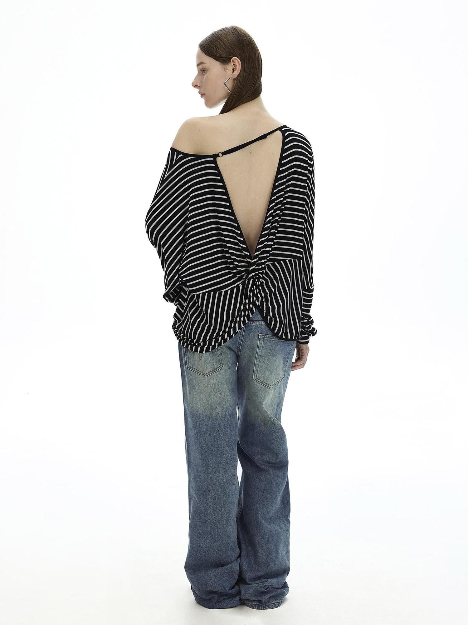 AFTADAWN Asymmetric Striped Slub Chiffon Backless Top