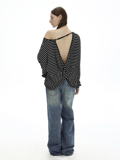 AFTADAWN Asymmetric Striped Slub Chiffon Backless Top