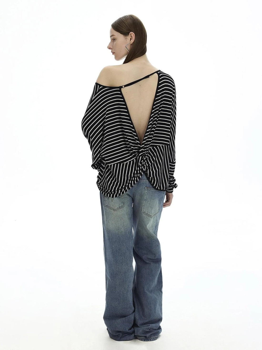 Asymmetric Striped Slub Chiffon Backless Top