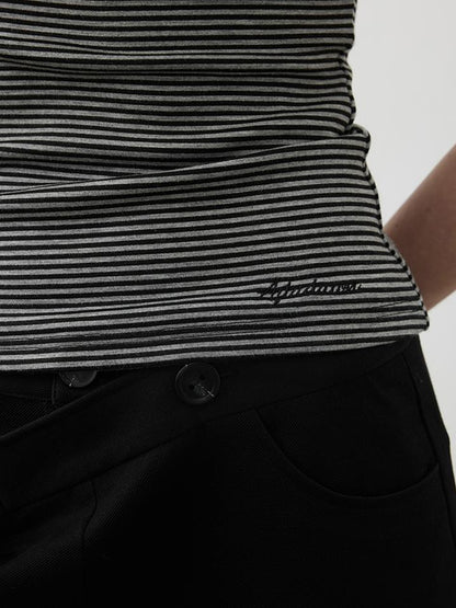 AFTADAWN Asymmetric Striped Slub Shoulder Top