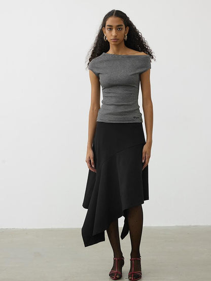 AFTADAWN Asymmetric Striped Slub Shoulder Top