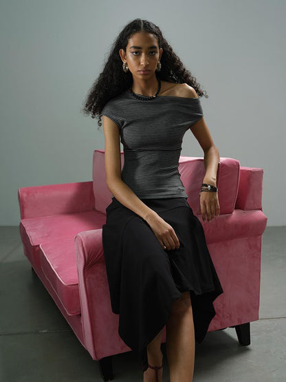 AFTADAWN Asymmetric Striped Slub Shoulder Top